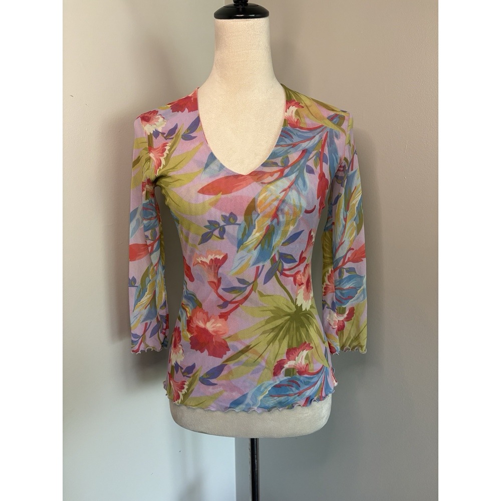 VTG Sweet Pea Stacy Frati Y2K Sheer Bright Floral Mesh V Neck Top Stretch Medium